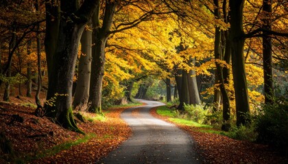 A winding rural path through an autumn forest