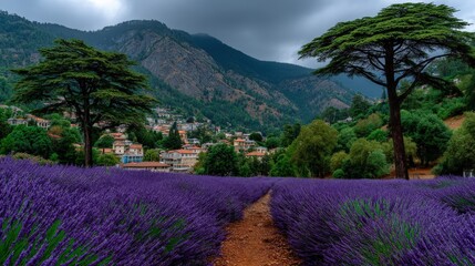 Morning fog over lavender field