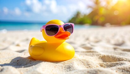 Obraz premium Yellow duck wearing sunglasses on the sandy beach
