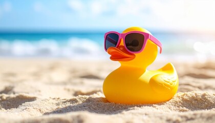 Yellow duck wearing sunglasses on the sandy beach