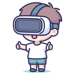 young boy wearing VR goggle technology flat color vector illustration template design