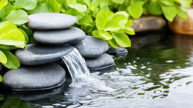 Zen Garden Waterfall:  A serene mini-waterfall cascading over stacked grey stones nestled amongst lush green foliage, creates a tranquil oasis perfect for meditation.  