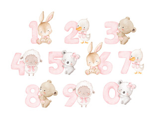 Watercolor Illustration Set of Baby Animals and Numbers