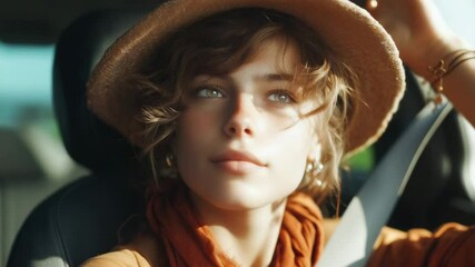 A woman wearing a hat enjoys the sun while driving with her partner. Their journey is filled with laughter and connection, capturing the essence of adventure and spontaneity on a beautiful day.
