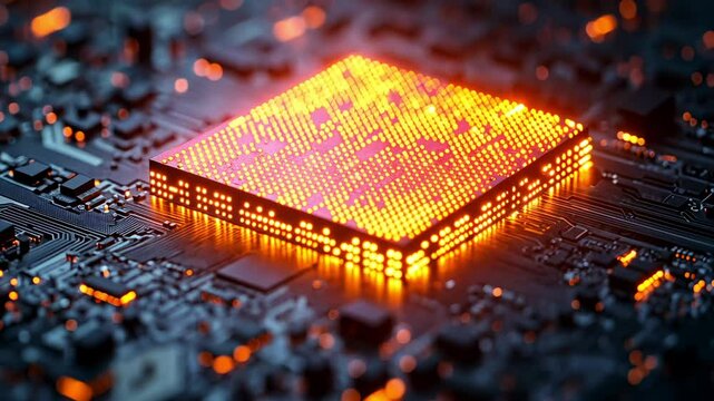 Exploring the vibrant glow of a microprocessor on a detailed circuit board at night