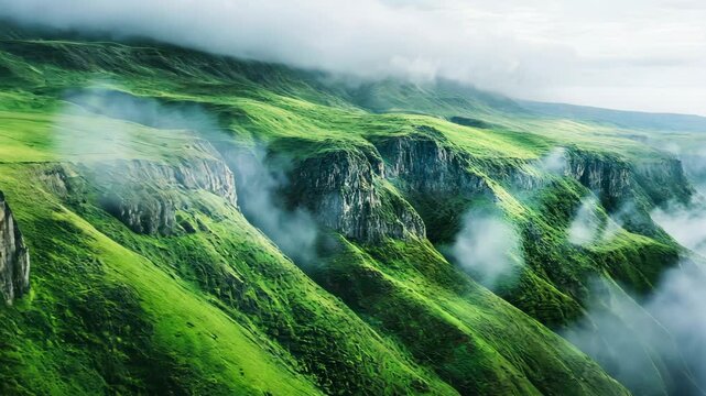 Evergreen Mountain Embrace: A mesmerizing view of a towering mountain range, its slopes draped in vibrant green, and soft clouds embracing the peaks. An ode to nature's timeless beauty.