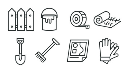 Gardening and home improvement outline icons set – flat, linear, diy symbols