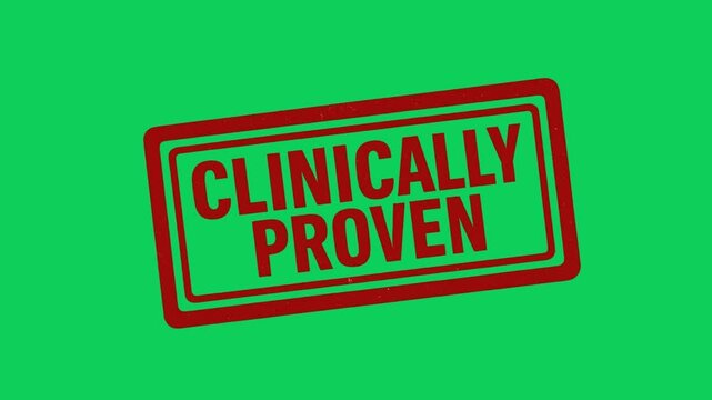 4K animated red &ldquo;Clinically Proven&rdquo; stamp on green screen background. Perfect for medical, pharmaceutical, or research promotional videos and edits.
