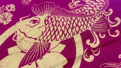 Fototapeta premium apanese Style Golden Koi Fish Pattern on Purple Fabric Background