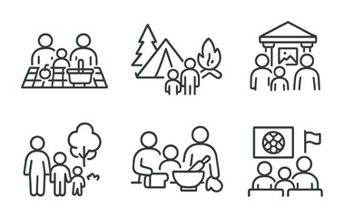 Family activities line icons set – outline, leisure, recreational symbols