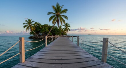 Obraz premium Serene wooden pier extending into tranquil waters, surrounded by lush palm trees at sunset - photo of a palm tree