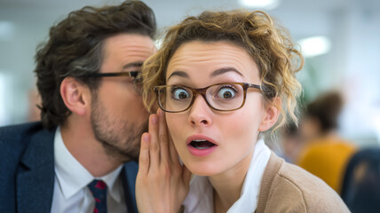 Confidential whispers in the workplace create a dramatic reaction. Office secrets revealed.