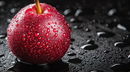 Red apple with droplets, shiny dark surface background
