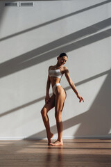 Fototapeta premium Standing and posing. Beautiful young woman with slim body type is indoors