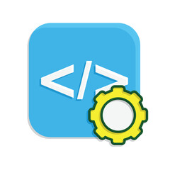 Optimization icon. IT Infrastructure Optimization. Programming code with gears. Symbol for Process, productivity. Simple 3d design style