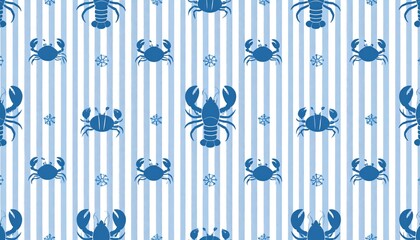 Repeating pattern of blue crabs and snowflakes on striped background.