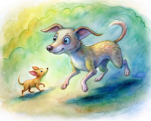 Big and small dog playing with each other. Watercolor illustration