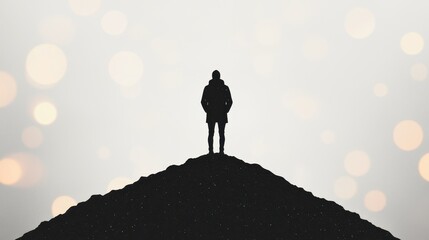 Silhouette of a Person Standing on a Hill Against Bokeh Background
