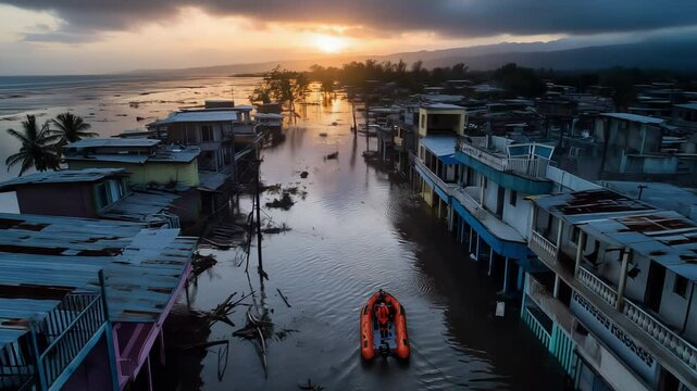 A flooded urban area captured during sunset featuring a rescue boat nearby