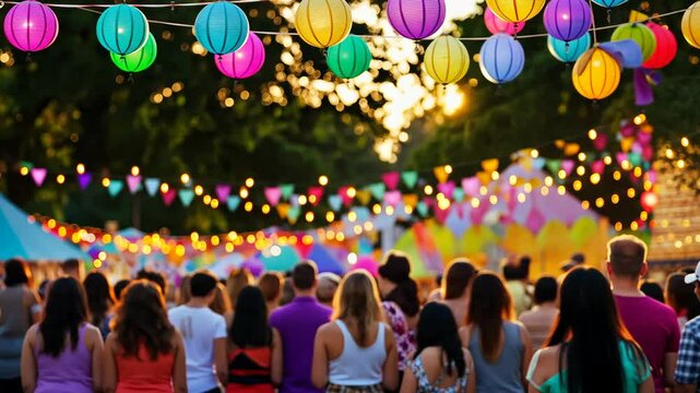 Festival Crowd: A vibrant scene of celebration, showcasing a lively gathering under colorful lanterns and decorative lights, offering a glimpse into the shared experience of a festive event.