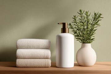 A white cylindrical pump bottle, rolled white towels, and a sprig of rosemary in a white vase on a light brown wooden surface against a light gray background