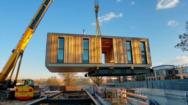 A single-story prefabricated modular building being lifted into place by a crane.