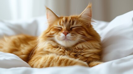 Content cat napping on white bedding in warm morning light