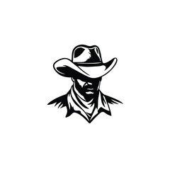 a black and white vector illustration of a serious-looking cowboy shown from the shoulders up on white background