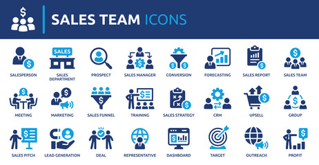 Fototapeta na wymiar Sales team icon set. Containing Sales department, salesperson, prospect, conversion, sales report, marketing, funnel, lead generation, sales pitch and more. Solid vector icons collection.
