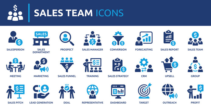 Sales team icon set. Containing Sales department, salesperson, prospect, conversion, sales report, marketing, funnel, lead generation, sales pitch and more. Solid vector icons collection.