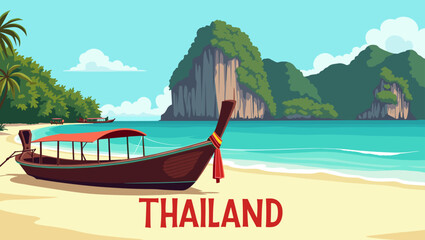 Vector illustration of a tropical beach in Thailand with a traditional long-tail boat on the sand, turquoise sea, and limestone cliffs in the background, under a bright blue sky with fluffy clouds