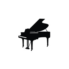 a black silhouette illustration of a grand piano viewed from the side on white background
