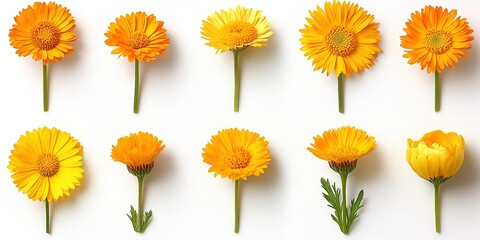 A collection of yellow and orange daisy flower heads isolated against a flat background