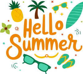 Colorful summer illustration with "Hello Summer" text surrounded by tropical elements like pineapple, palm trees, sunglasses, flip flops, and a surfboard