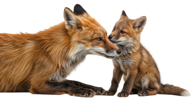 Adorable Red Fox Mother and Her Cub in a Tender Moment, isolated on a transparent background - Powered by Adobe