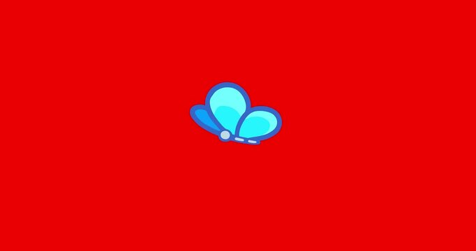 Cartoon classic butterfly blue wings on red screen background. Cute 4k video linear flying character redbox animation seamless loop 2d advertisemenet style good for commercial advertising.
