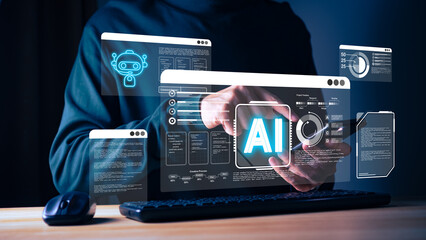 AI Technology Interface, Artificial Intelligence Concept, Businessman Interacting with Futuristic AI Interface on Virtual Screen, Artificial Intelligence (AI) and Machine Learning Concept for Digital.