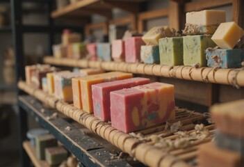 Obraz premium Colorful handmade soaps displayed on wooden shelves in a cozy shop