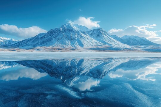 Majestic snow-capped mountains reflecting in the still blue lake under a clear sky in a winter landscape