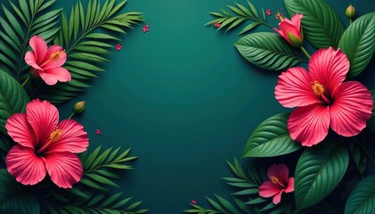 Obraz premium Bold tropical hibiscus & palm leaves on dark teal, lush, floral