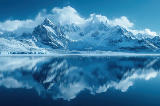 Majestic snow-capped mountains reflect in tranquil blue waters during clear daylight in a serene landscape