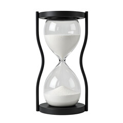 Decorative hourglass with black metal frame and white sand, white background