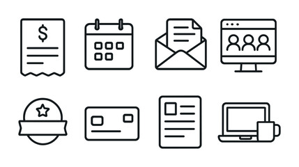 Business and office outline icons set - corporate, minimalist, work symbols