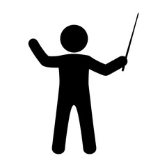 Silhouette of a conductor directing music with a baton on a white background