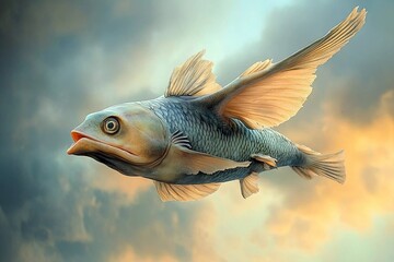 Fototapeta premium Unique depiction of a fish with wings soaring through a bright blue sky filled with clouds