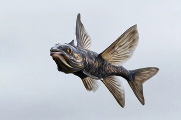 Fototapeta premium Unique depiction of a fish with wings soaring through a bright blue sky filled with clouds
