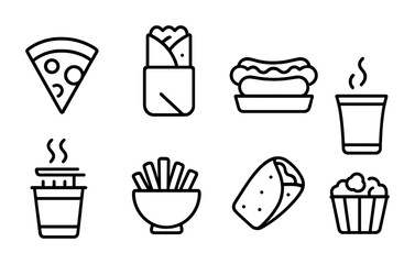 Fast food line icons set – outline, linear, snacks and quick meal symbols