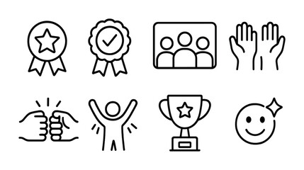 Achievement and success outline icons set – linear, awards, victory celebration symbols