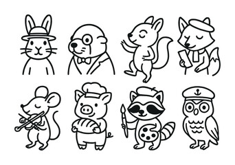 Animal character outline icons set – cute, whimsical, cartoon figures