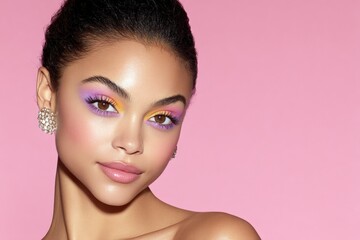 Fototapeta premium Stunning portrait of a woman with vibrant makeup against a pink background